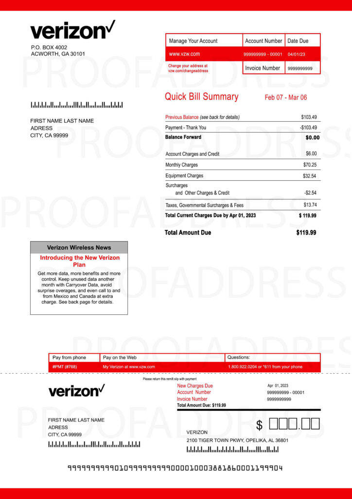 Order Editing Utility Bill Verizon Instant Delivery Custom Info