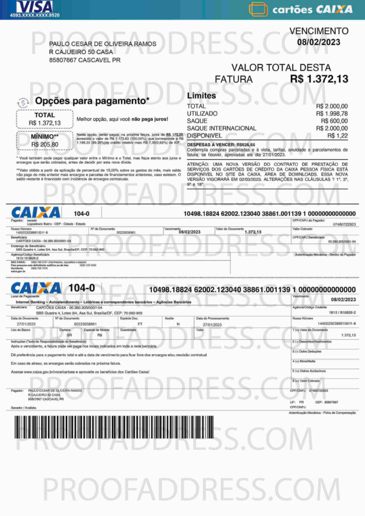 Order Editing utility bill CARTÕES CAIXA Instant Delivery Custom info