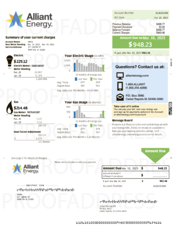 Aliant Energy utility bill