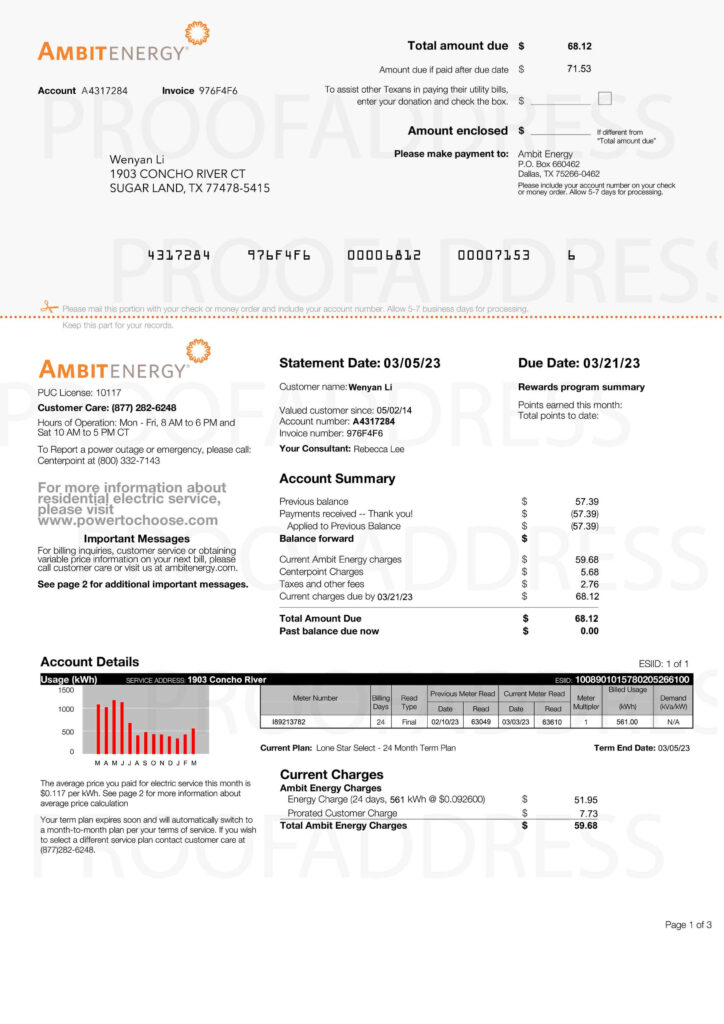 Order utility bill Ambit Energy Instant Delivery Custom info