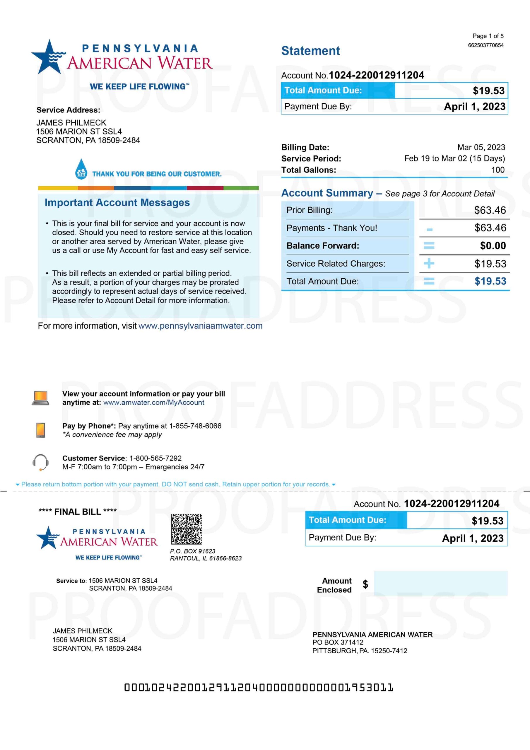 Order utility bill American Water Instant Delivery Custom info