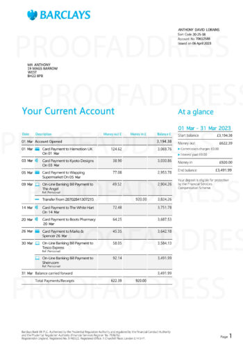 bank account statement Barclays