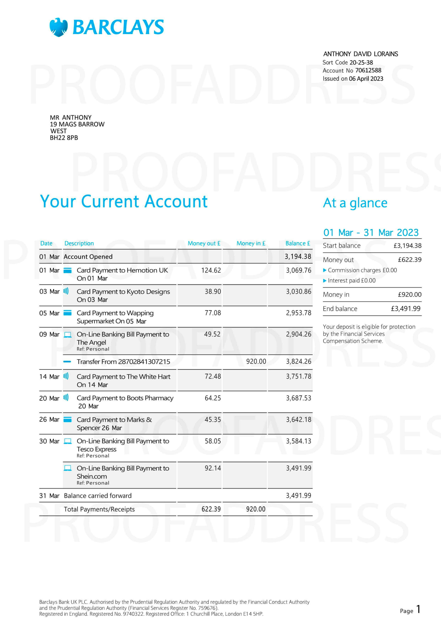 Order bank statement Barclays Instant Delivery Custom info