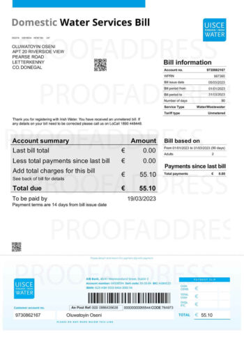 Domestic water service utility bill