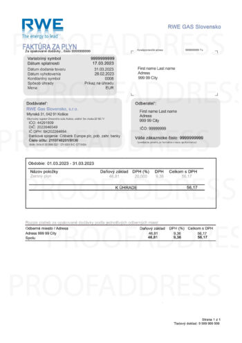 utility bill RWE Gas Slovensko