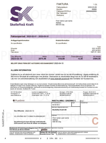 utility bill Skelleftea Kraft