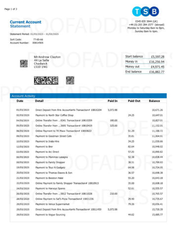 bank statement TSB