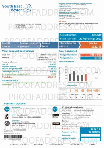 utility bill South East Water