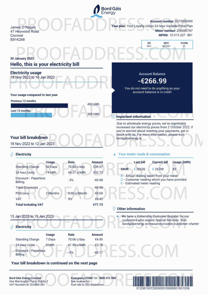 utility bill Bord Gáis Energy