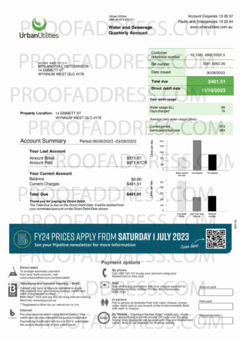 utility bill Urban Utilities bill