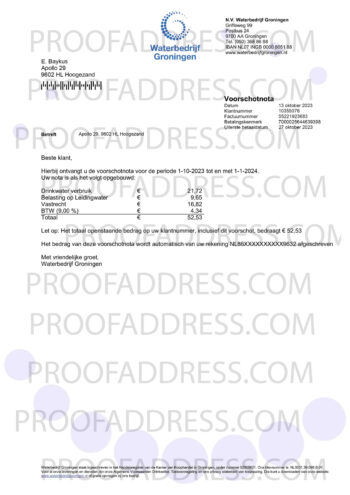 utility bill Waterbedrijf Groningen