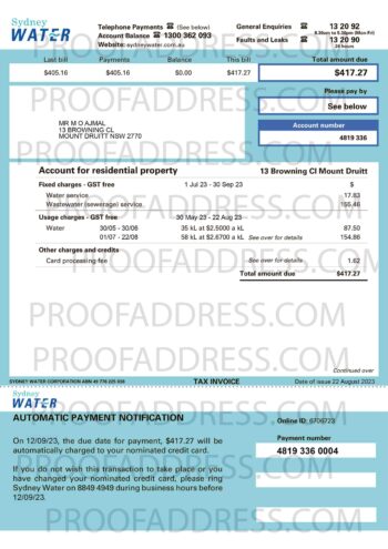 utility bill sydney water