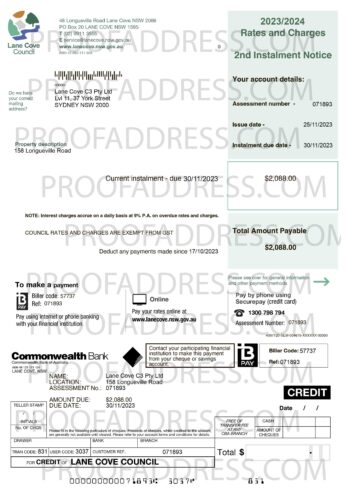 utility bill lane cove
