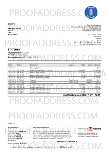 bank statement Betvick Investments
