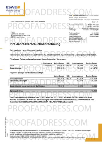 utility bill ESWE Versorgung