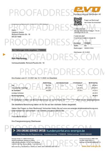 utility bill EVO Energie