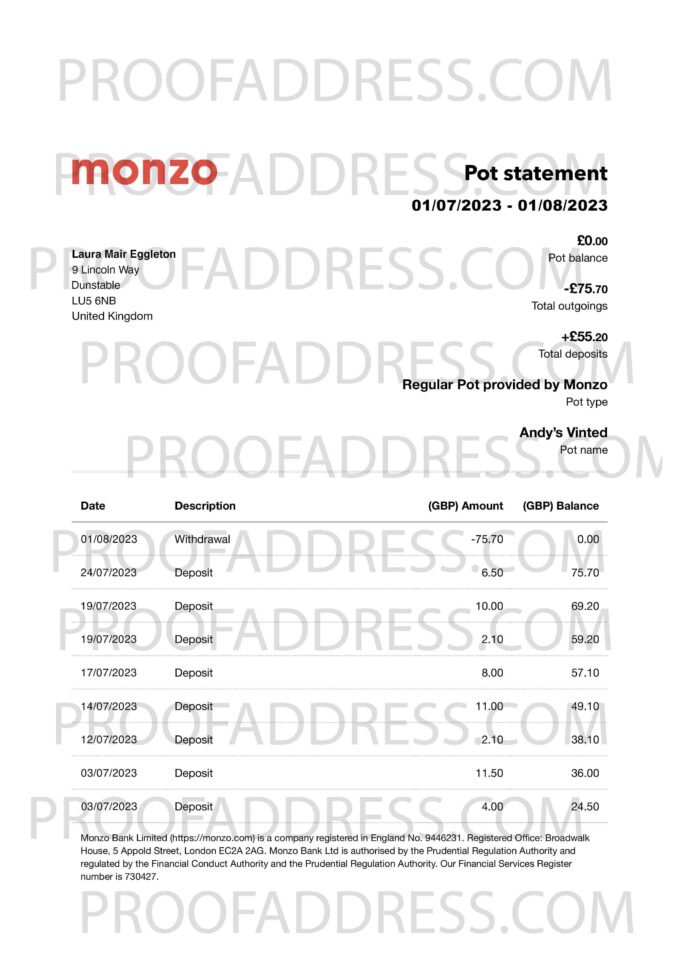 bank statement Monzo