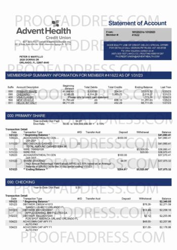 bank statement Advent Health