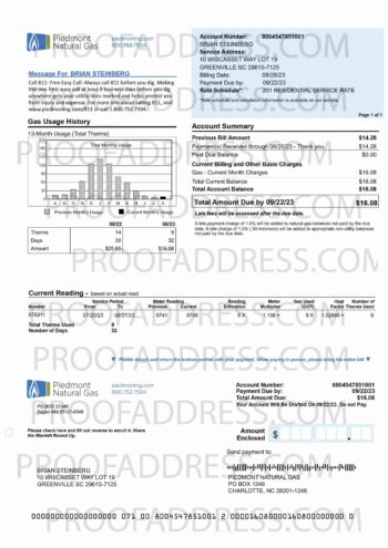 utility bill PIEDMONT NATURAL GAS