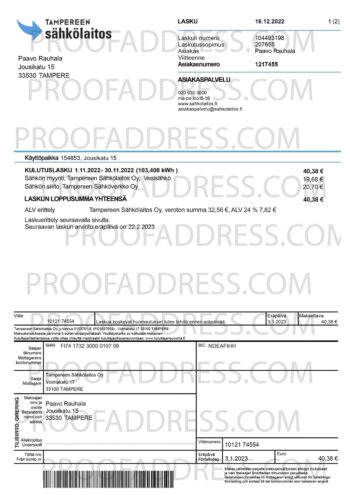 utility bill TAMPEREEN