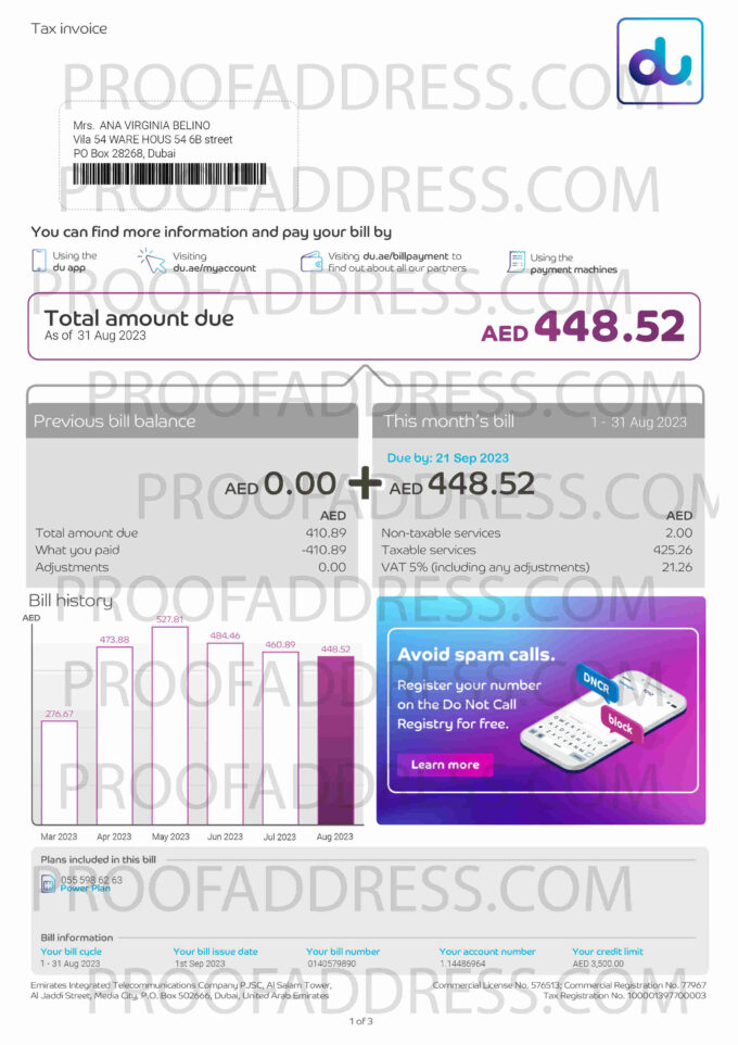 utility bill DU Emirates Integrated Telecommunications Company PJSC