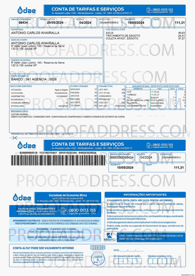utility bill DAE Jundiai