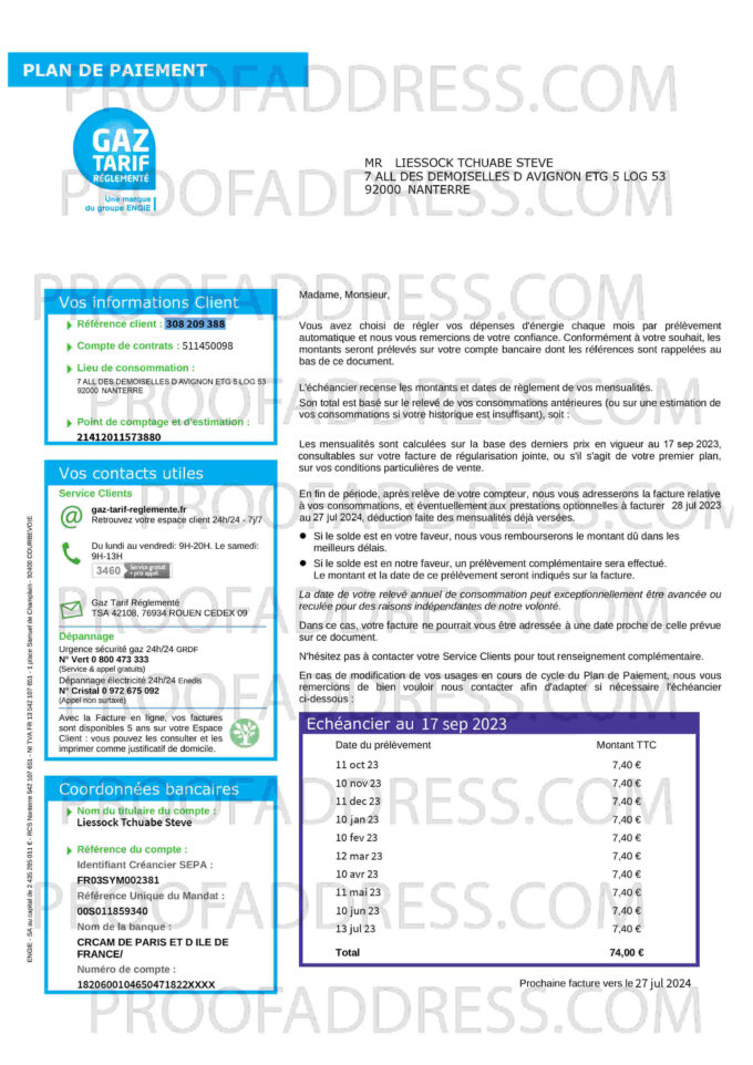 utility bill Gas Tarif reglemente