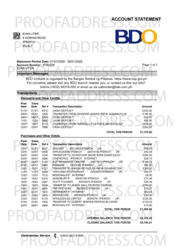 bank statement BDO