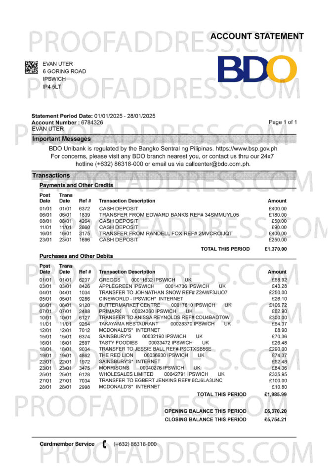 bank statement BDO