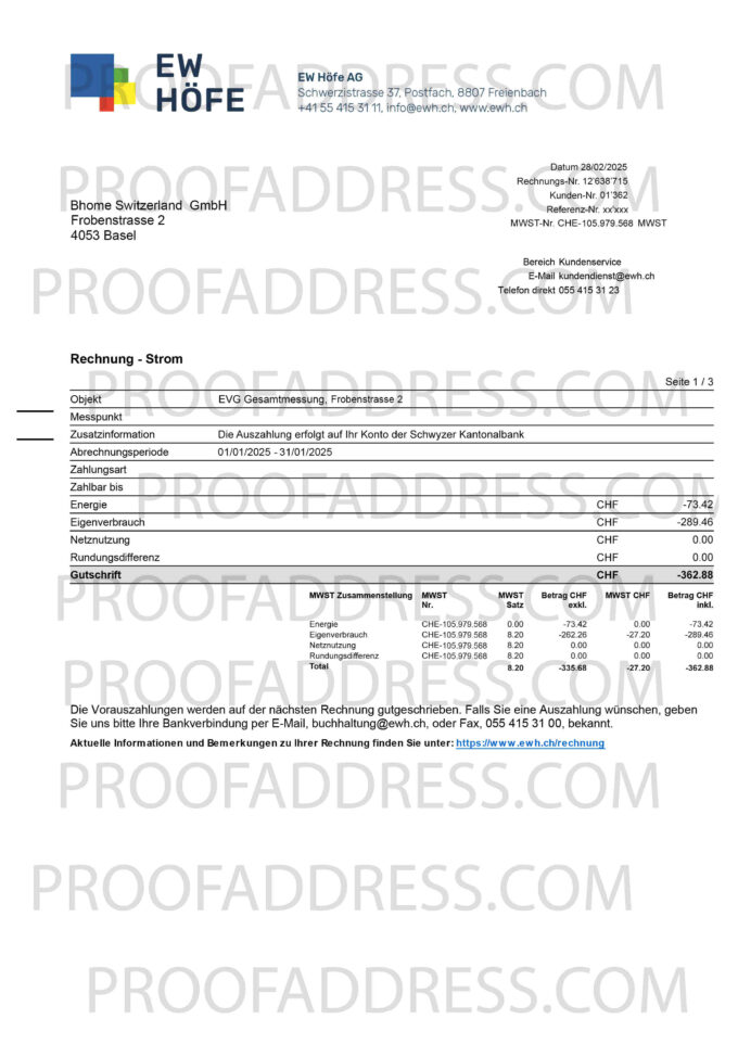 utility bill EW Hofe AG