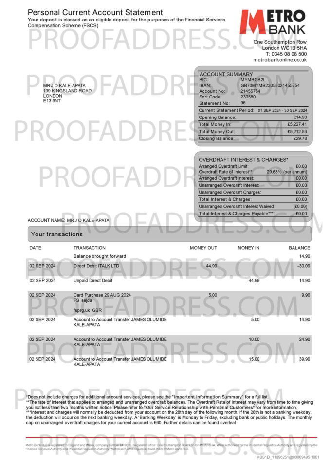 bank statement Metro Bank