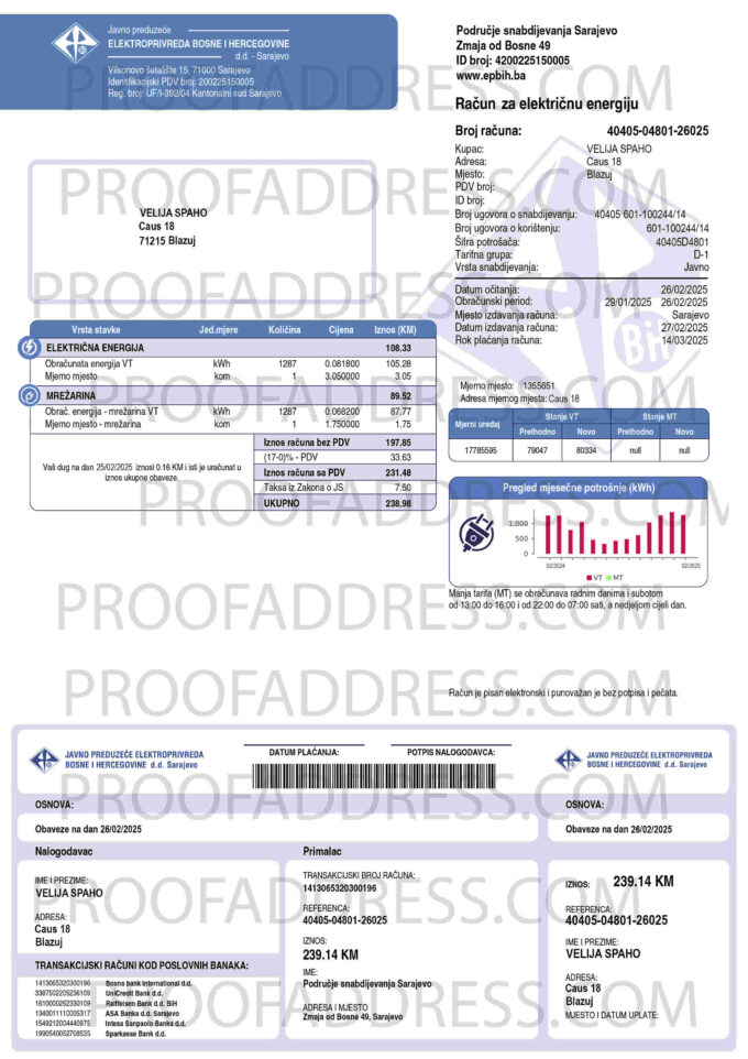 utility bill Elektroprivreda Bosne i Hercegovine