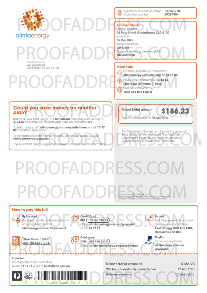 utility bill Alinta energy