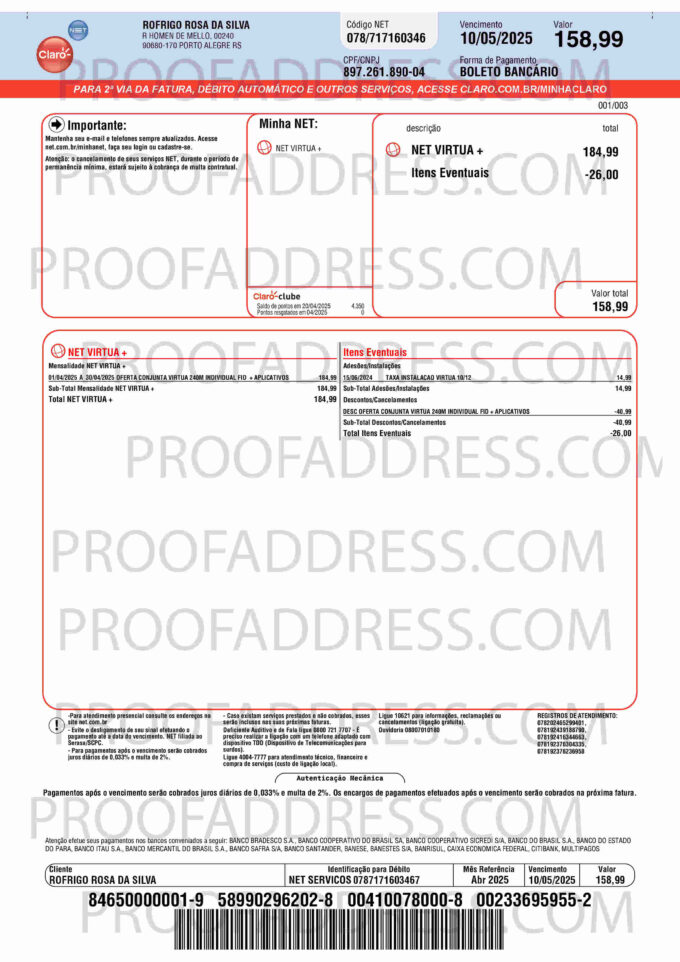 utility bill Claro NET