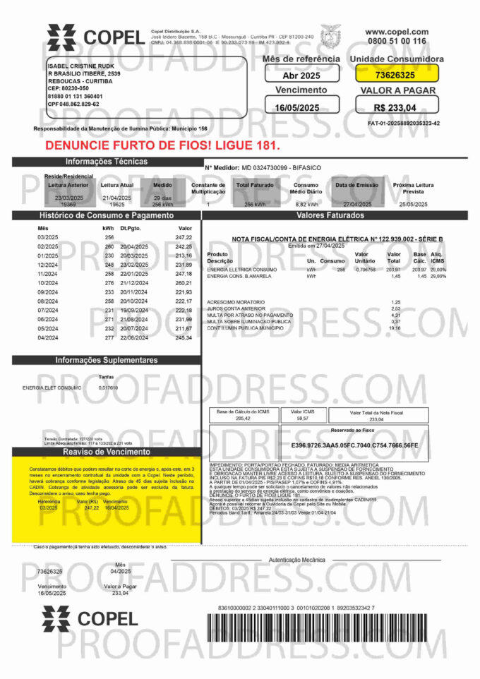 utility bill Copel version 2.1
