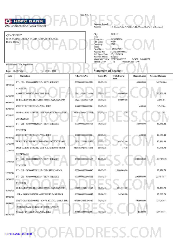 bank statement HDFC BANK