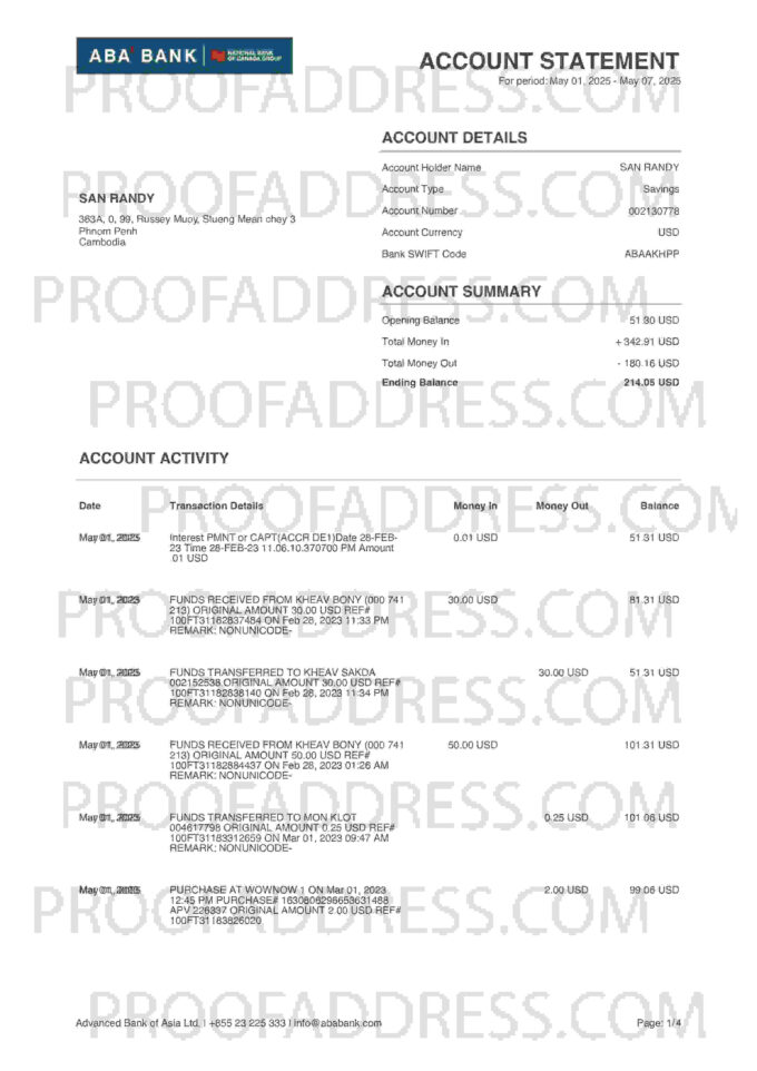 bank statement ABA Bank