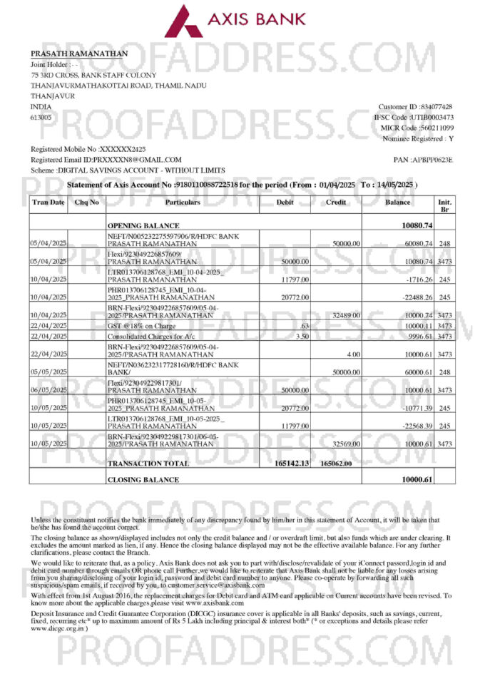 bank statement AXIS Bank