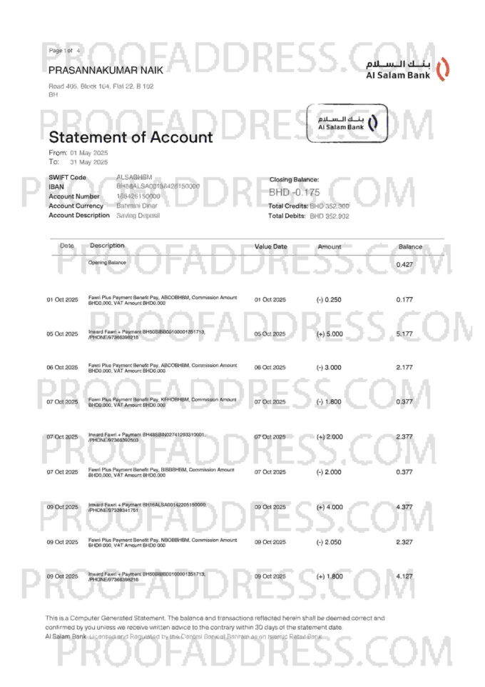 bank statement Al Salam Bank