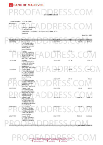 bank statement BANK OF MALDIVES