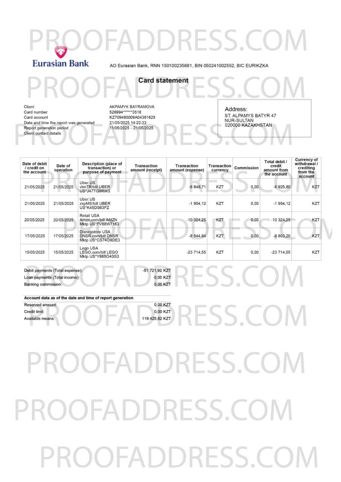 bank statement Eurasian Bank