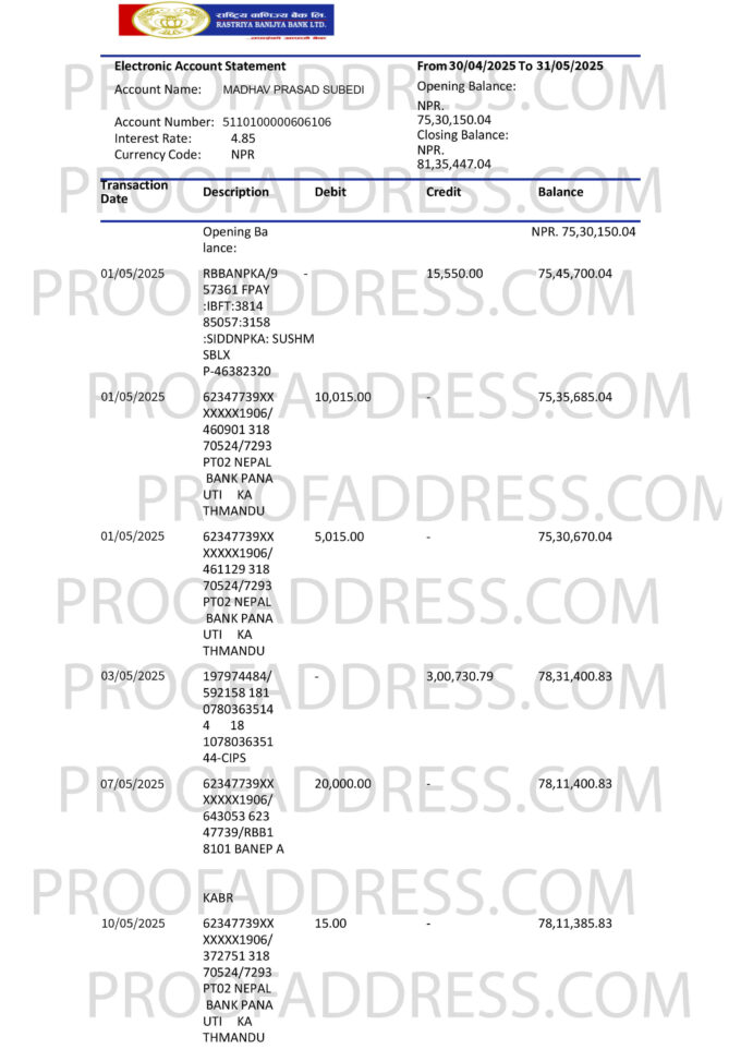 bank statement RASTRIYA BANIJYA BANK