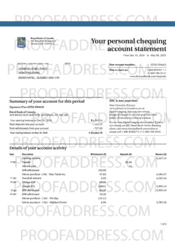 bank statement Royal Bank of Canada