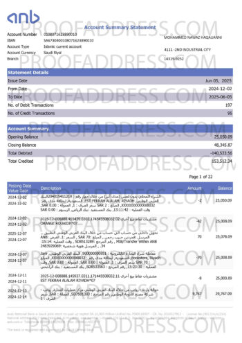 bank statement Arab National Bank