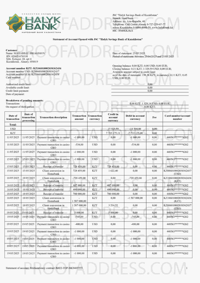 bank statement Halyk Bank