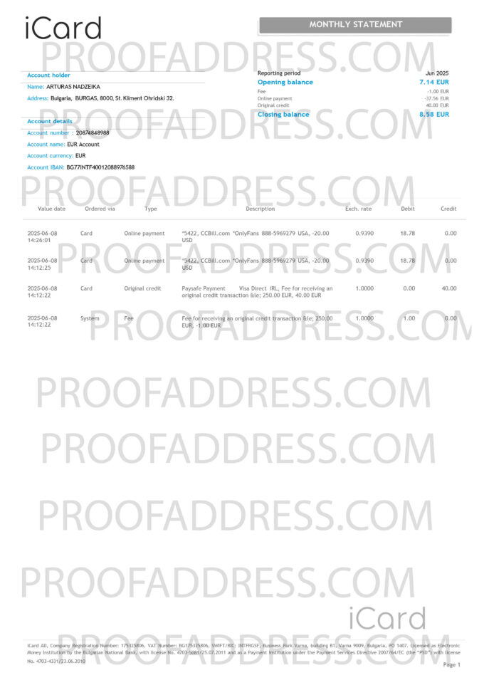 bank statement ICard