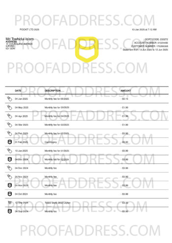 bank statement POCKIT LTD