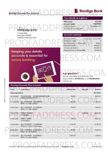 bank statement Bendigo Bank