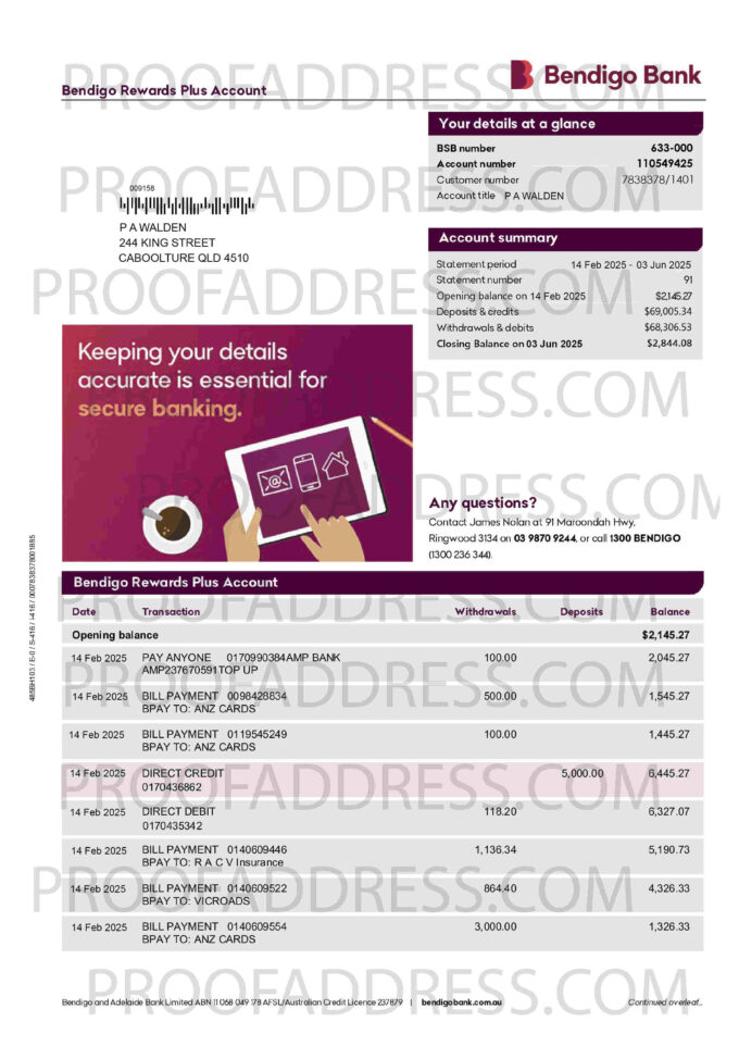bank statement Bendigo Bank