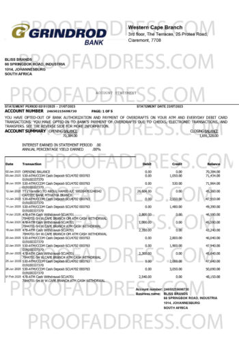 bank statement Grindrod Bank